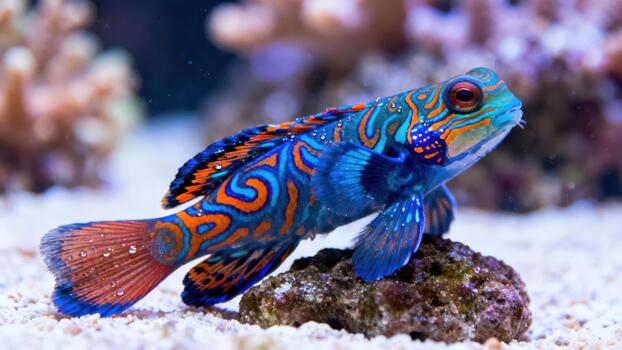 Spectacularly patterned Mandarinfish, Synchiropus splendidus, perching on a textured rock in a colorful tropical reef environment. photo