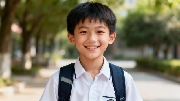 East Asian elementary student wearing a white uniform shirt and dark backpack smiling brightly while standing outside on a sunny tree-lined campus path. photo