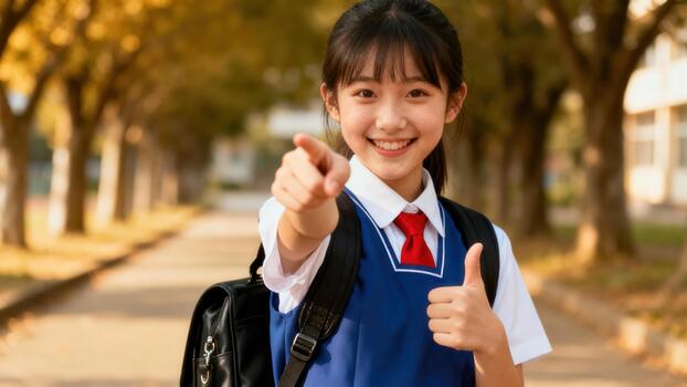 Smiling young student in blue vest and white shirt uniform points viewerward while giving an encouraging thumbs up gesture on an autumn campus path. photo