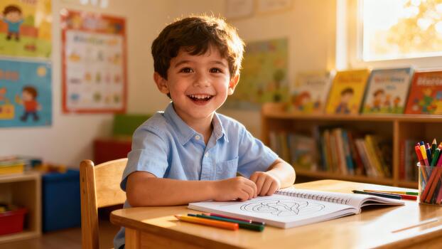 Cheerful elementary age boy with dark curly hair coloring in a spiral notebook on a wooden desk inside brightly illuminated classroom. photo