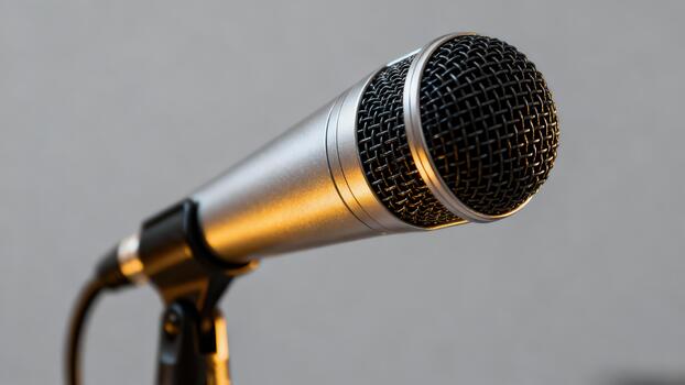 Silver dynamic vocal microphone mounted on a black stand glowing with warm light on a plain gray backdrop. photo