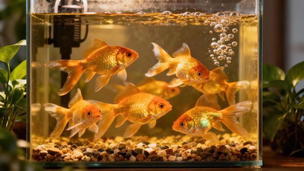 Group of six small fantail goldfish swimming actively in a rectangular glass aquarium with substrate pebbles and rising air bubbles. photo