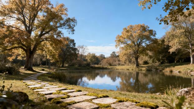 Curving stone slab pathway covered in moss runs alongside a reflective pond surrounded by large trees during sunny autumn weather. photo