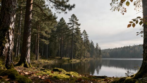Serene forest lake surrounded by tall pine trees and mossy ground, captured under soft, diffused cloudy light. photo