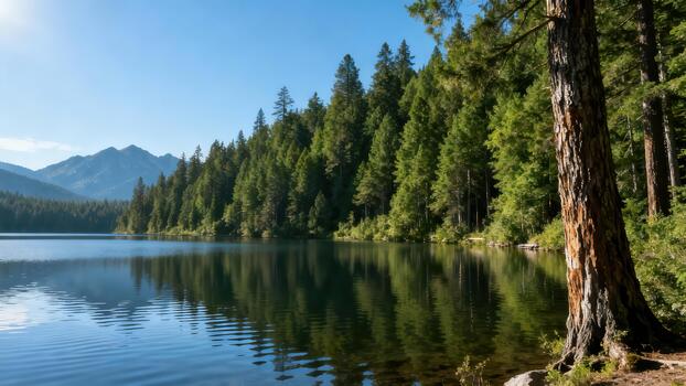 Thick textured conifer tree trunk standing beside a clear blue mountain lake reflecting the surrounding dark evergreen forest and distant peaks. photo