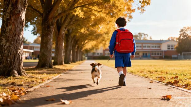 Elementary school student in blue uniform with red backpack walking small tri color domestic dog on leash along tree lined pathway during golden autumn evening. photo
