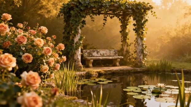 Glowing peach roses framing a stone pergola archway over a garden bench and tranquil pond with a floating white water lily during golden hour. photo