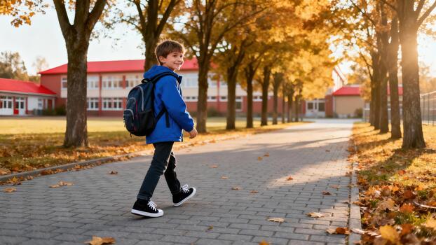 Smiling elementary school-aged boy in a blue jacket walking along a paved path under golden autumn trees during late afternoon light. photo