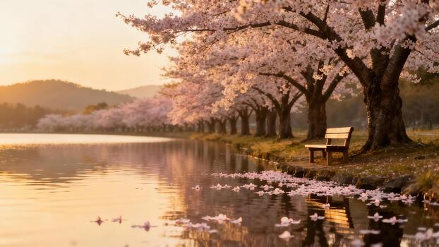 Tranquil evening scene featuring a row of blossoming pink cherry trees lining a lake shore with a wooden bench under soft golden hour light. photo