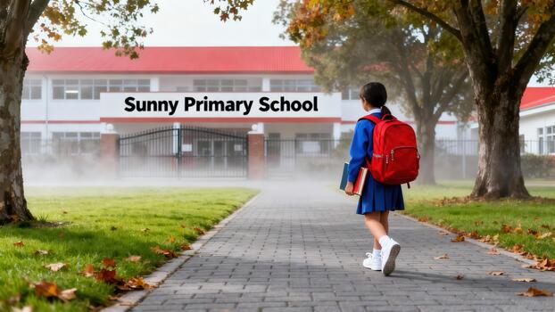 Student wearing blue uniform and red backpack walks on paved path toward white primary school building with a red roof on a misty autumn morning. photo
