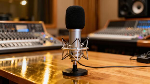 Silver large-diaphragm microphone positioned centrally on a highly reflective varnished wooden table in a professional audio recording . photo