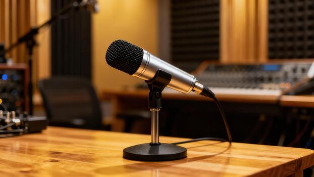 Silver and black dynamic microphone sitting on a desktop stand atop a glowing wooden table inside a professional acoustic sound recording . photo