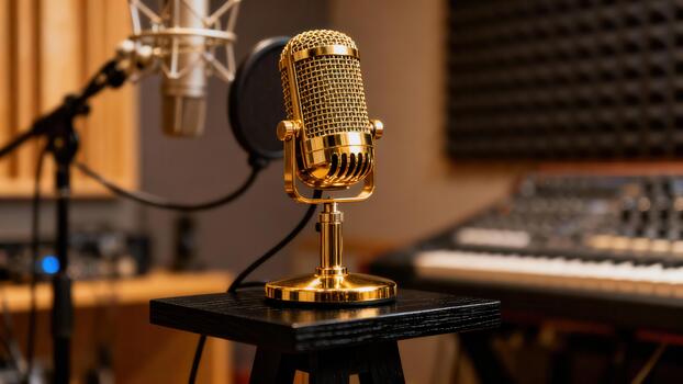 Shiny gold retro condenser microphone staged on a black stand in a professional music recording . photo