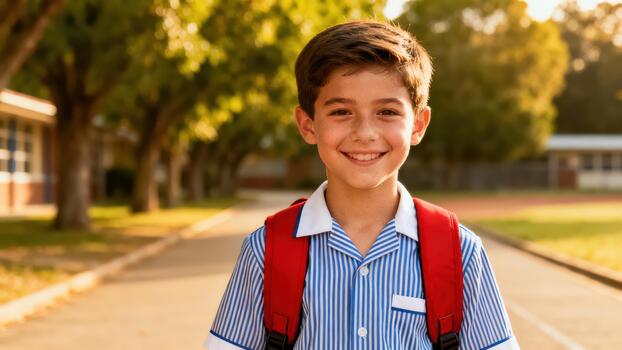 Happy elementary student wearing striped school uniform and red backpack stands on sunlit path lined with mature green trees. photo