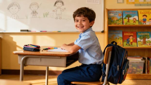 Confident young student wearing a light blue uniform smiling widely while sitting at a wooden desk in an elementary classroom. photo