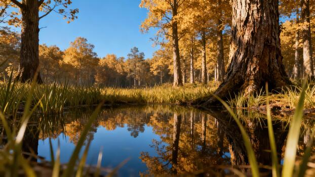Textured brown tree trunk anchors golden autumn forest reflected in still pond water surrounded by wetland grass. photo