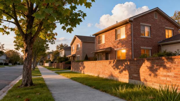 Residential street view featuring two-story red brick houses and a large maple tree casting shadows during warm late afternoon sunlight. photo