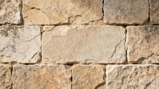 Rough textured building exterior constructed from interlocking rectangular blocks of weathered pale beige limestone. photo