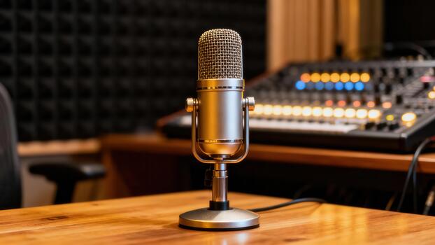 Silver retro style microphone resting on a light brown wooden tabletop within a professional sound recording environment. photo