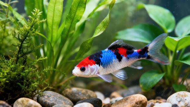 Calico patterned ornamental fish featuring red, blue, and black spots swimming gracefully in a vibrant freshwater tropical aquarium. photo