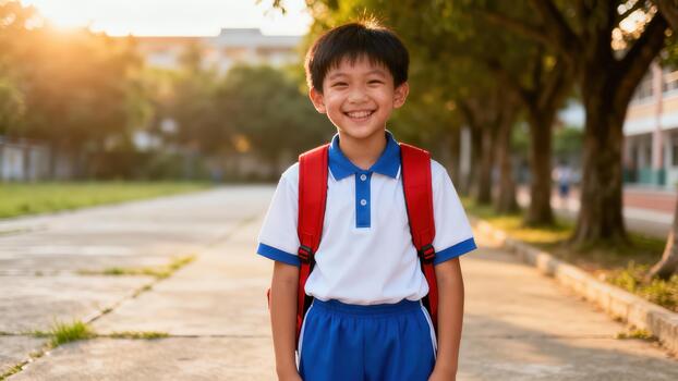 Smiling elementary school Asian boy student wearing a red backpack stands on a tree-lined path bathed in warm golden hour light. photo