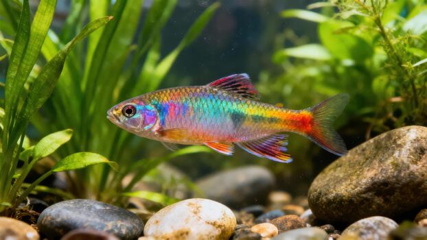 Iridescent male Dwarf Rainbowfish displaying vibrant multicolored scales while navigating a lush freshwater planted aquarium. photo