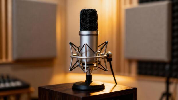 Silver large diaphragm condenser microphone resting on a dark wooden surface inside a soundproofed professional recording booth. photo