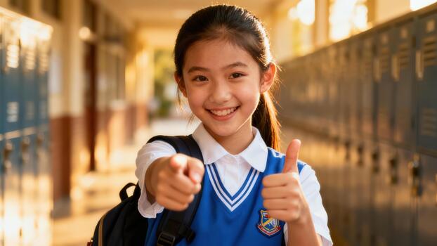 Smiling student wearing a blue school uniform vest pointing toward the viewer and displaying a positive thumbs up sign in a hallway. photo