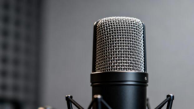 Detailed view of a recording microphone with a silver grille and black body against a smooth gray background. photo