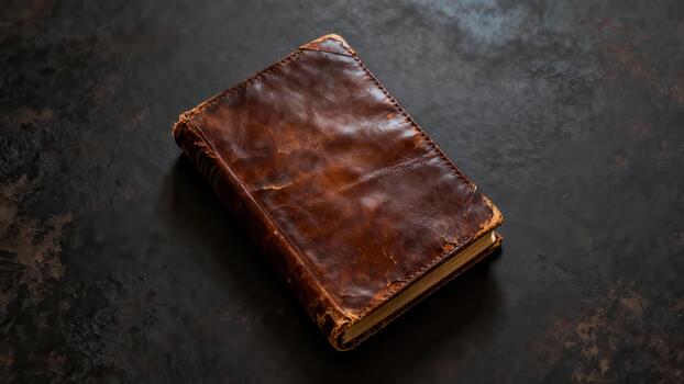 Distressed brown leather bound antique book resting on a dark rustic textured background surface. photo