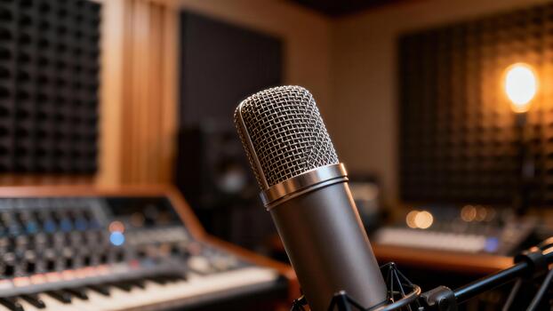 view of large-diaphragm microphone with shallow depth of field against blurry mixing console. photo