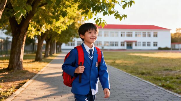Smiling Asian elementary student wearing a royal blue uniform and red backpack walks confidently down a tree-lined sidewalk toward a white and red school building. photo