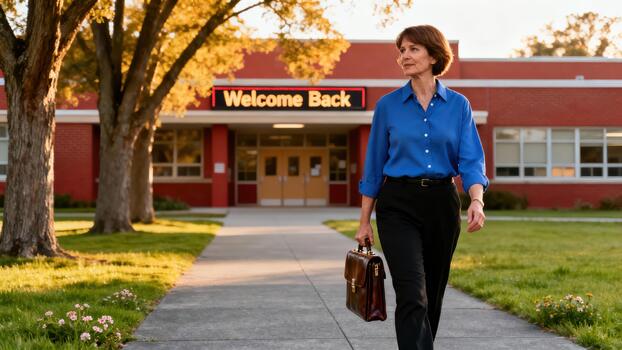 Professional woman walks along sidewalk carrying leather briefcase in front of a red school building displaying a 'Welcome Back' digital sign. photo