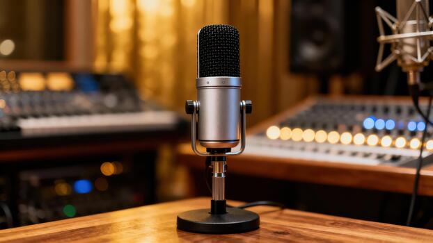 Silver microphone on a polished wood surface with professional sound mixing equipment and warm bokeh lights in the background. photo
