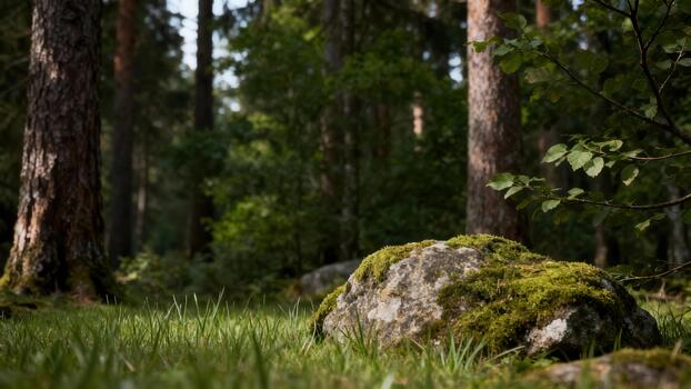 Deep green temperate forest floor featuring large gray granite boulder covered in bright chartreuse moss under dappled sunlight. photo