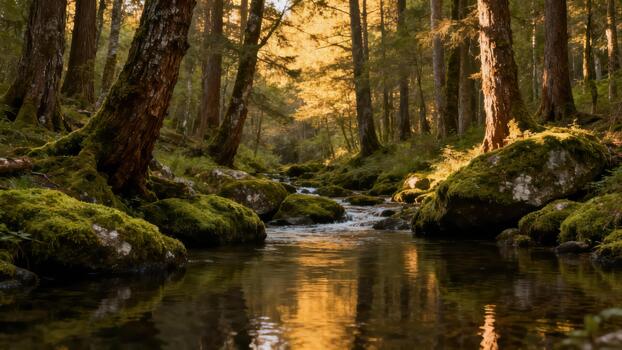 Deep coniferous forest stream winds through dark banks lined with bright green moss and large stones illuminated by warm golden sunlight. photo