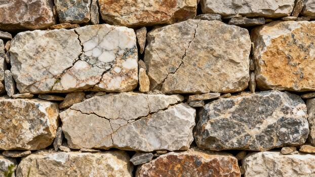 Rough dry stacked wall surface features variegated natural limestone fieldstones with deep cracks. photo