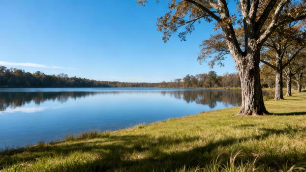 Row of large oak trees with textured bark casts shadows on green grass beside still blue water reflecting the distant forest shoreline. photo