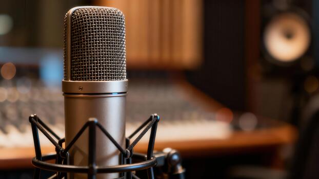 Professional condenser microphone mounted in a black shockmount utilized in a high-end darkened recording . photo