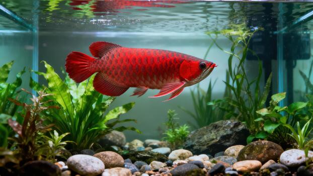 Bright red Asian Arowana fish swimming gracefully inside a densely planted freshwater aquarium tank. photo