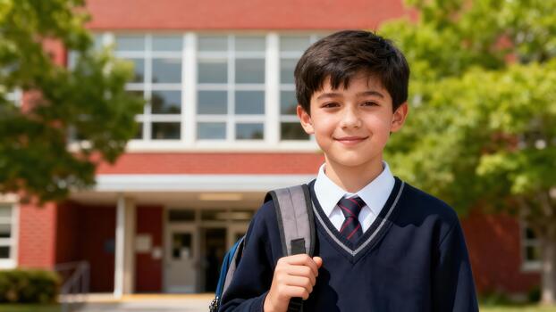 Smiling elementary school student wearing a navy uniform sweater and tie stands outside a red brick educational building on a sunny day. photo