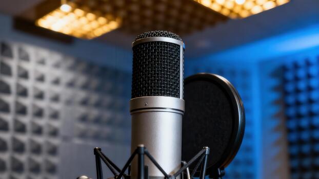Silver condenser microphone centered in a soundproof recording booth featuring contrasting blue and warm ceiling lighting. photo