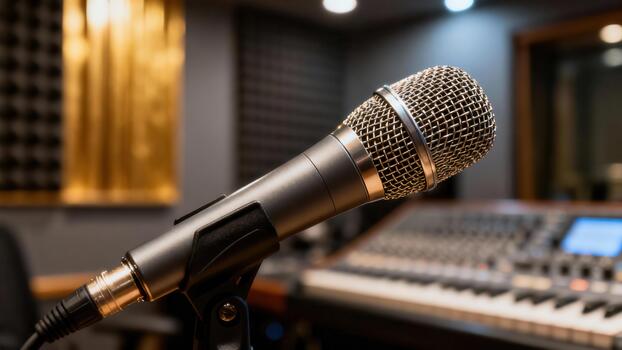 Silver metallic microphone on a stand used for audio recording in a professional music environment. photo
