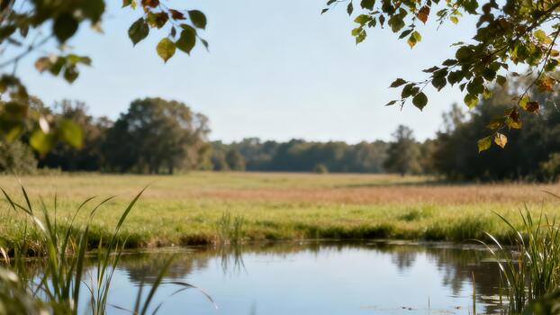 Serene natural pond bordered by tall green aquatic grasses and framed by blurry tree branches against an open sunny meadow. photo