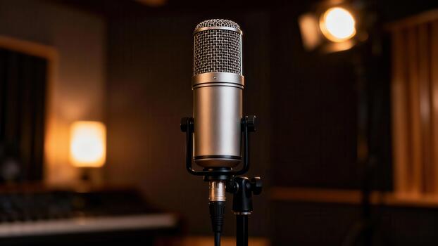 Professional silver large-diaphragm condenser microphone positioned on a stand inside a dark recording illuminated by warm ambient light. photo