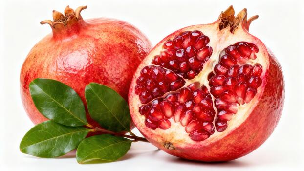 Ripe whole red pomegranate and half cut open displaying sweet ruby arils with green leaves resting on a clean white surface. photo