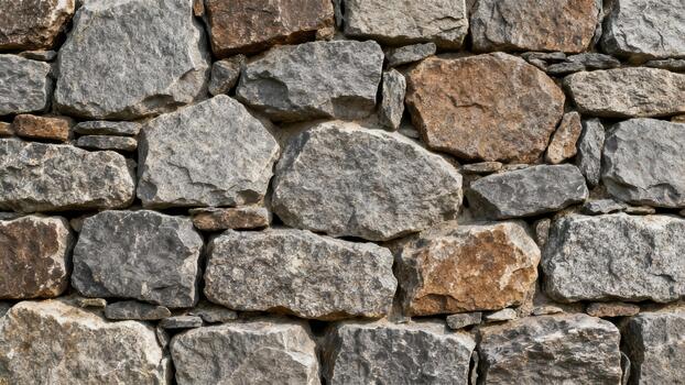 Rustic dry stacked fieldstone wall background featuring rough textured gray and reddish brown sedimentary rocks. photo