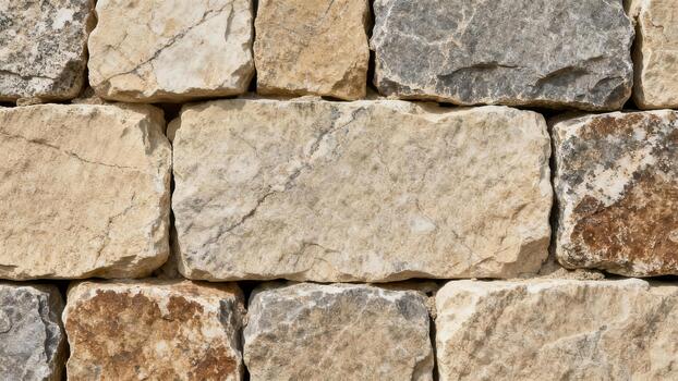 Rugged natural limestone stone wall constructed from rough cut blocks featuring variegated cream, tan, and gray colors and textures. photo