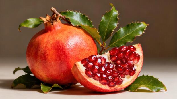 Whole ripe pomegranate fruit and exposed wedge displaying glossy ruby red arils alongside spiky green leaves in dramatic light. photo