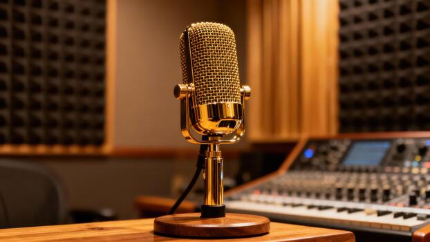 Polished golden retro condenser microphone standing on a warm wooden desk inside a professional recording with sound mixing console. photo